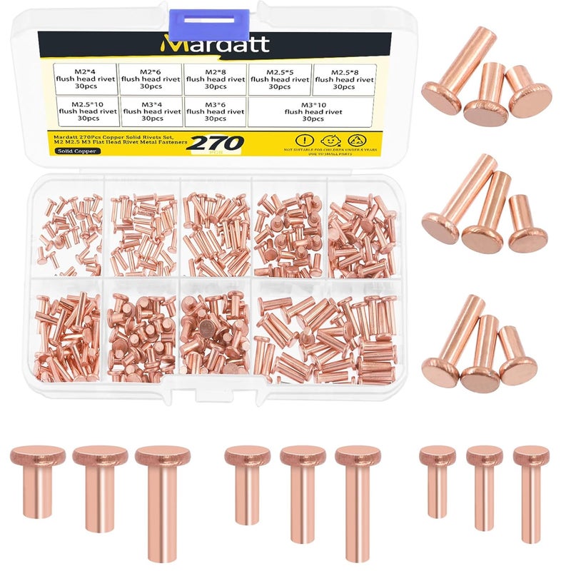 Mardatt 270Pcs Flat Head Copper Solid Rivets Kit, M2 M2.5 M3 Solid Copper Rivets Fasteners, Flat Head Rivets Solid Copper Rivets for Electrical Applications, Leather Working Supplies - Image 1